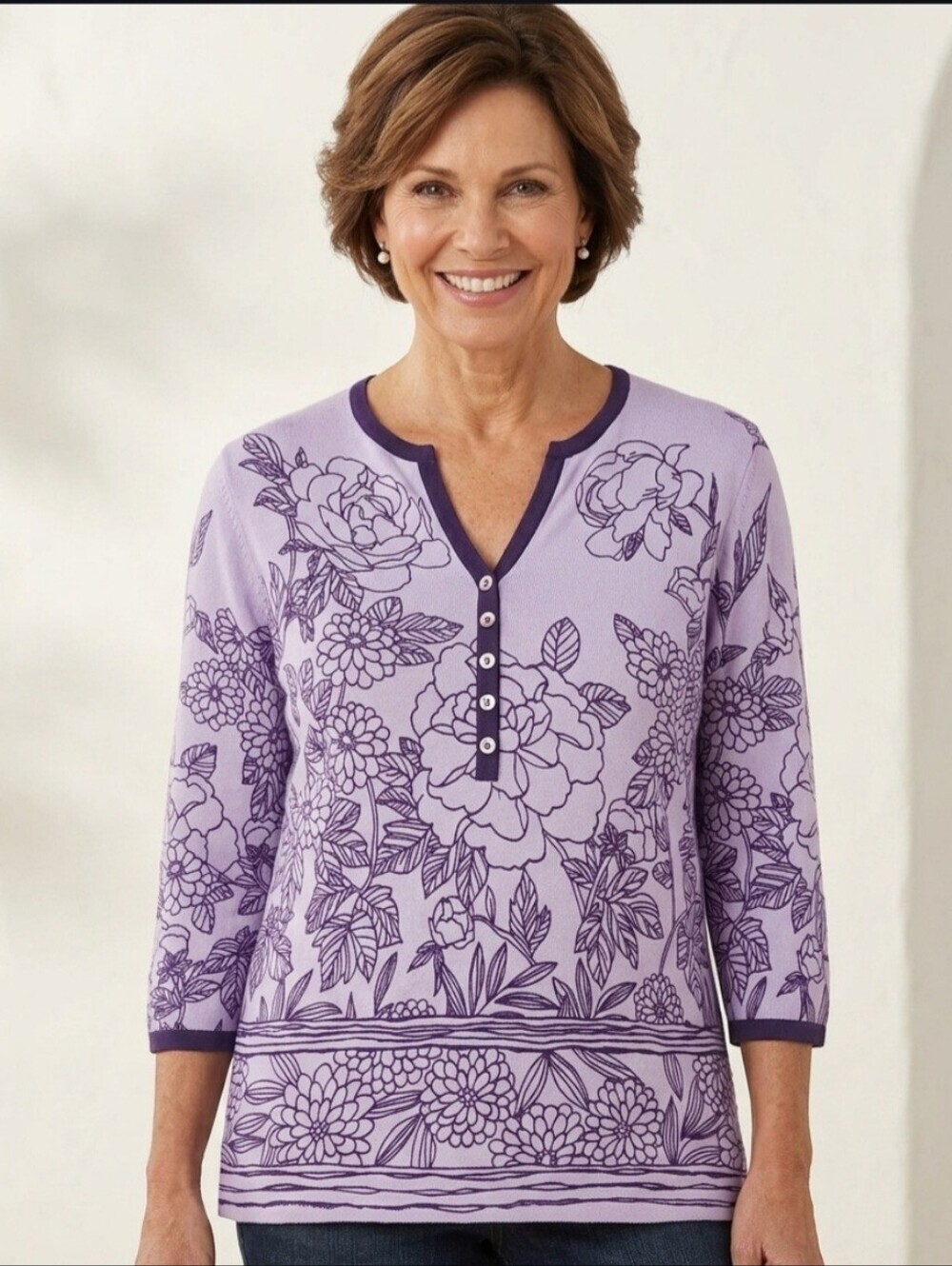 Cathy Daniels Women's Floral Sweater Size Large Purple 100% Cotton 3/4 Sleeve